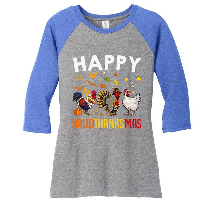 Chickens Happy HalloThanksMas Thanksgiving Christmas Women's Tri-Blend 3/4-Sleeve Raglan Shirt