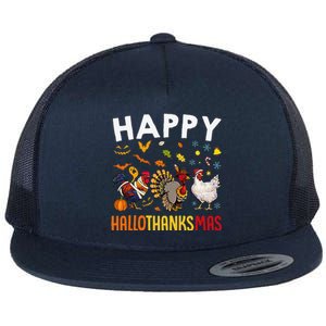 Chickens Happy HalloThanksMas Thanksgiving Christmas Flat Bill Trucker Hat