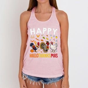 Chickens Happy HalloThanksMas Thanksgiving Christmas Women's Knotted Racerback Tank