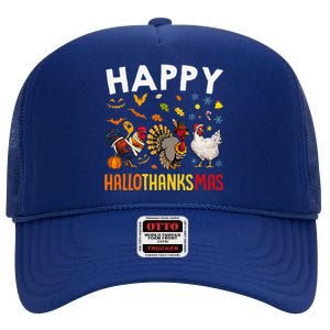 Chickens Happy HalloThanksMas Thanksgiving Christmas High Crown Mesh Back Trucker Hat