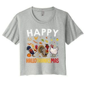 Chickens Happy HalloThanksMas Thanksgiving Christmas Women's Crop Top Tee