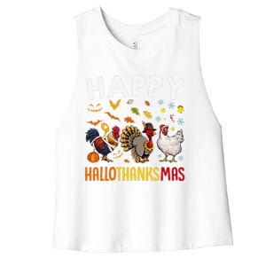 Chickens Happy HalloThanksMas Thanksgiving Christmas Women's Racerback Cropped Tank