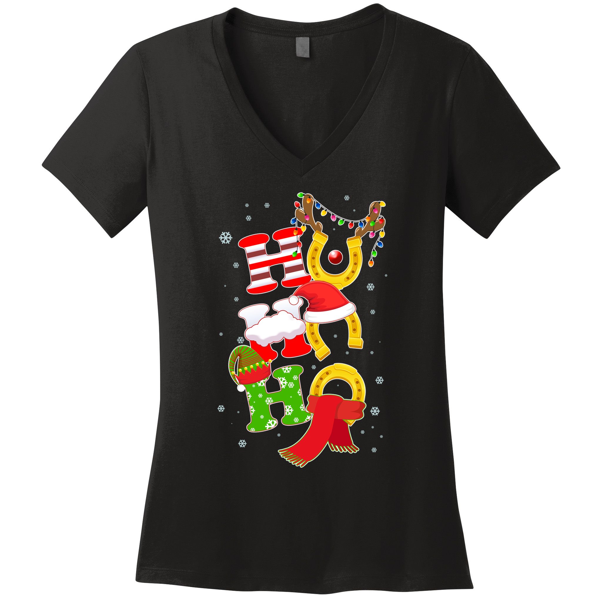 Christmas Ho Ho Ho Reindeer Horseshoes Women's V-Neck T-Shirt
