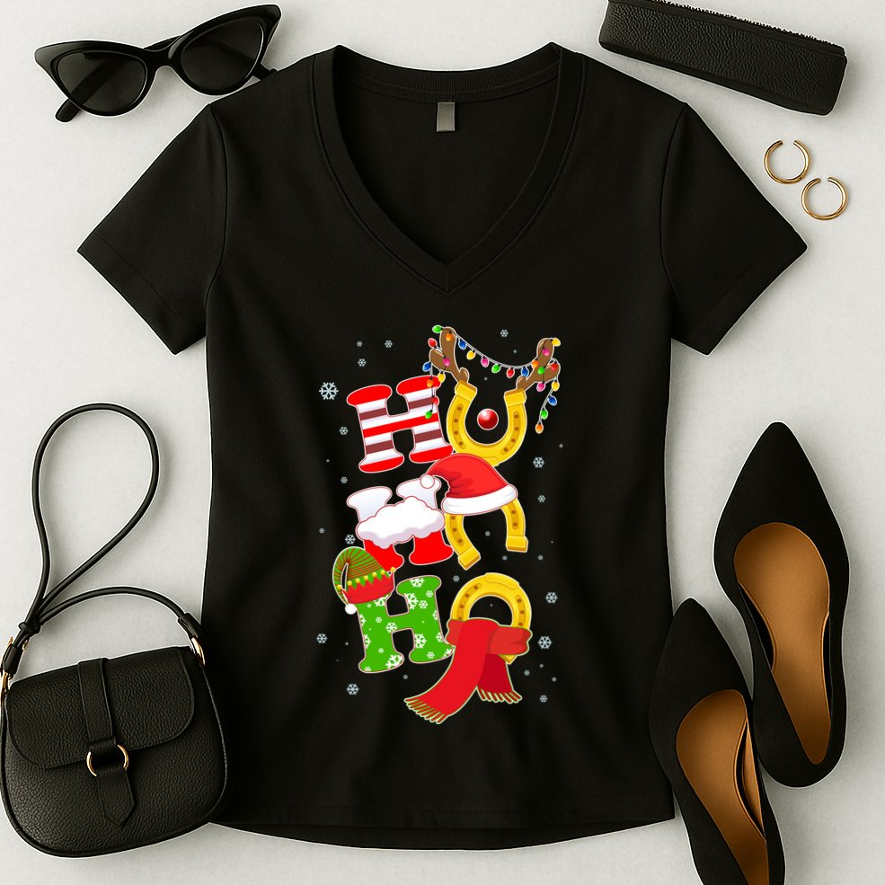 Christmas Ho Ho Ho Reindeer Horseshoes Women's V-Neck T-Shirt