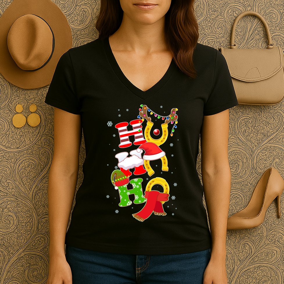 Christmas Ho Ho Ho Reindeer Horseshoes Women's V-Neck T-Shirt