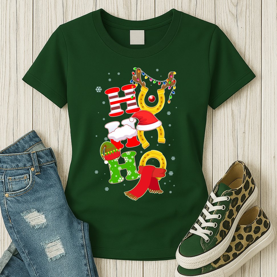 Christmas Ho Ho Ho Reindeer Horseshoes Womens T-Shirt
