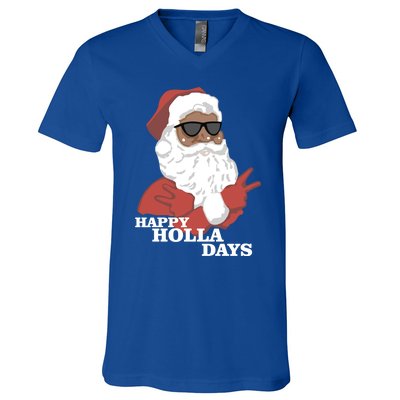 Christmas Happy Holla Days African American Santa Gift V-Neck T-Shirt