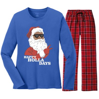 Christmas Happy Holla Days African American Santa Gift Women's Long Sleeve Flannel Pajama Set 