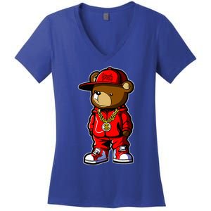 Cute Hip Hop Teddy Bear 90 Hip Hop Clothing Graffiti Women's V-Neck T-Shirt