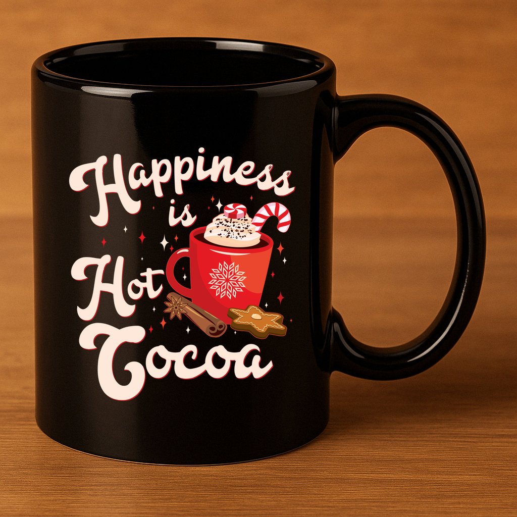 Cute Holiday Happiness Is Hot Cocoa Hot Chocolate 11oz C Handle Ceramic Mug