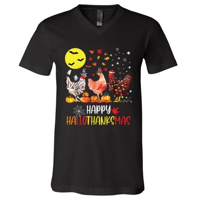 Chicken Halloween Happy Hallothanksmas Autumn Thanksgiving V-Neck T-Shirt