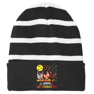 Chicken Halloween Happy Hallothanksmas Autumn Thanksgiving Striped Beanie with Solid Band