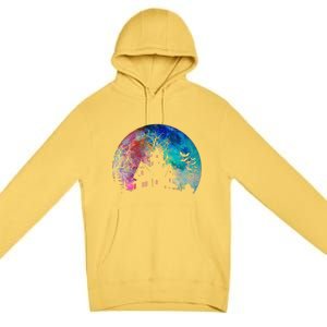 Creepy Haunted House & Spooky Watercolor Full Moon Halloween Premium Pullover Hoodie