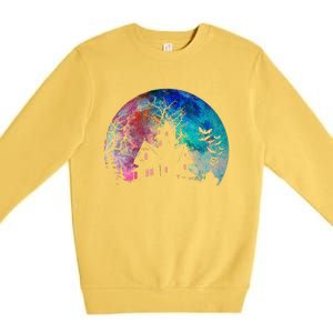 Creepy Haunted House & Spooky Watercolor Full Moon Halloween Premium Crewneck Sweatshirt