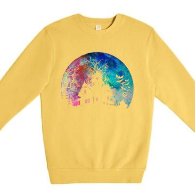 Creepy Haunted House & Spooky Watercolor Full Moon Halloween Premium Crewneck Sweatshirt