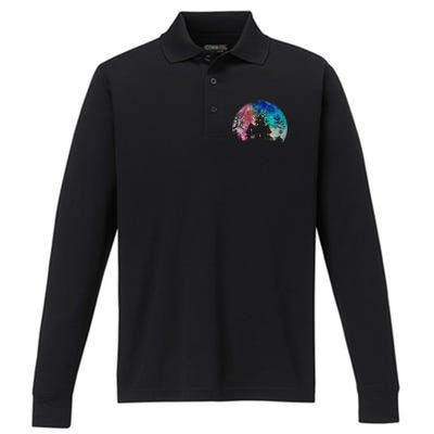 Creepy Haunted House & Spooky Watercolor Full Moon Halloween Performance Long Sleeve Polo