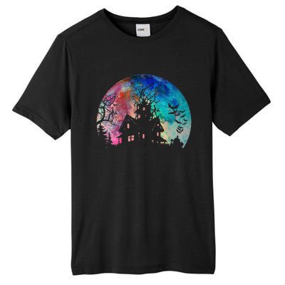 Creepy Haunted House & Spooky Watercolor Full Moon Halloween Tall Fusion ChromaSoft Performance T-Shirt