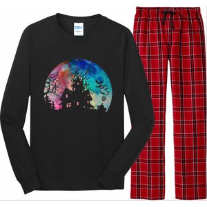 Creepy Haunted House & Spooky Watercolor Full Moon Halloween Long Sleeve Pajama Set