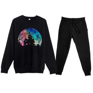 Creepy Haunted House & Spooky Watercolor Full Moon Halloween Premium Crewneck Sweatsuit Set