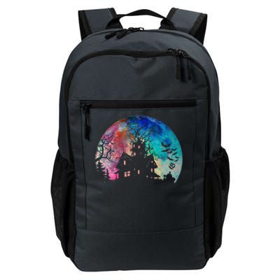 Creepy Haunted House & Spooky Watercolor Full Moon Halloween Daily Commute Backpack