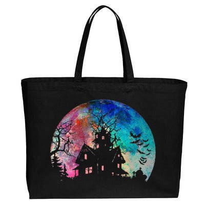 Creepy Haunted House & Spooky Watercolor Full Moon Halloween Cotton Canvas Jumbo Tote