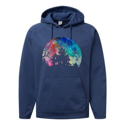 Creepy Haunted House & Spooky Watercolor Full Moon Halloween Performance Fleece Hoodie