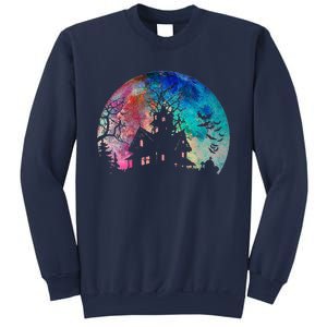 Creepy Haunted House & Spooky Watercolor Full Moon Halloween Sweatshirt