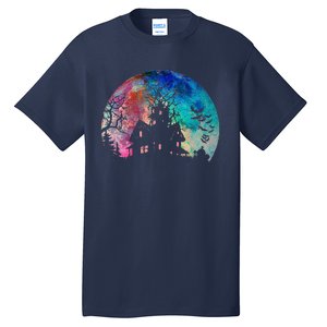 Creepy Haunted House & Spooky Watercolor Full Moon Halloween Tall T-Shirt