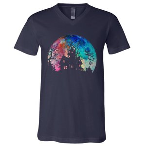 Creepy Haunted House & Spooky Watercolor Full Moon Halloween V-Neck T-Shirt