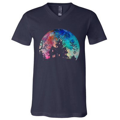 Creepy Haunted House & Spooky Watercolor Full Moon Halloween V-Neck T-Shirt