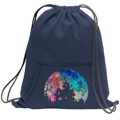 Creepy Haunted House & Spooky Watercolor Full Moon Halloween Sweatshirt Cinch Pack Bag