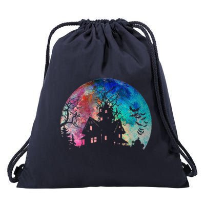 Creepy Haunted House & Spooky Watercolor Full Moon Halloween Drawstring Bag