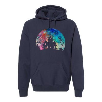 Creepy Haunted House & Spooky Watercolor Full Moon Halloween Premium Hoodie