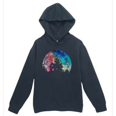 Creepy Haunted House & Spooky Watercolor Full Moon Halloween Urban Pullover Hoodie