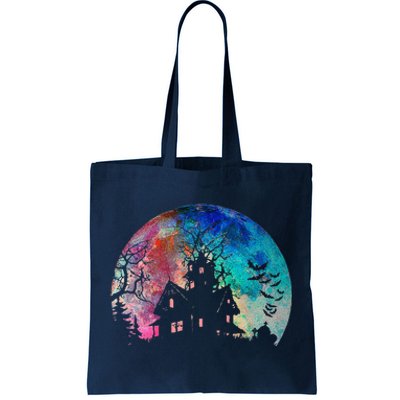 Creepy Haunted House & Spooky Watercolor Full Moon Halloween Tote Bag