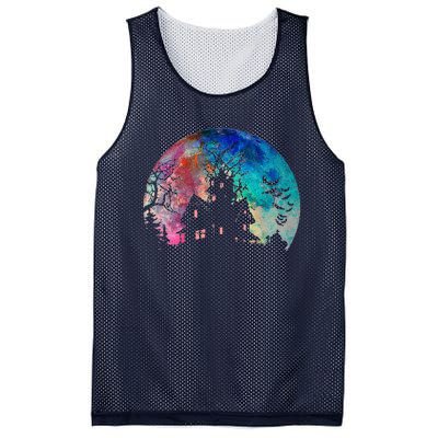 Creepy Haunted House & Spooky Watercolor Full Moon Halloween Mesh Reversible Basketball Jersey Tank