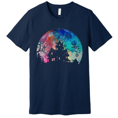 Creepy Haunted House & Spooky Watercolor Full Moon Halloween Premium T-Shirt