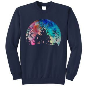 Creepy Haunted House & Spooky Watercolor Full Moon Halloween Tall Sweatshirt