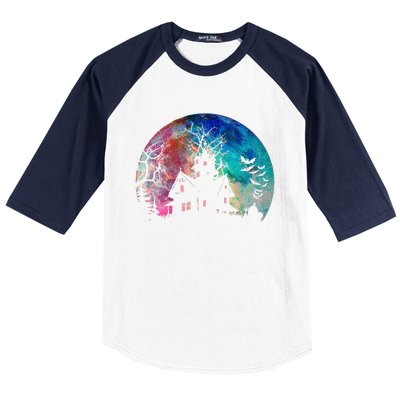 Creepy Haunted House & Spooky Watercolor Full Moon Halloween Baseball Sleeve Shirt