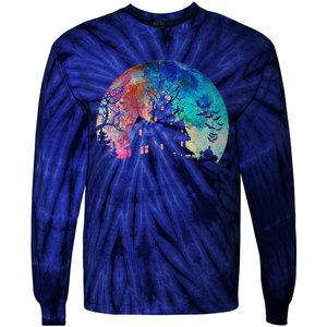 Creepy Haunted House & Spooky Watercolor Full Moon Halloween Tie-Dye Long Sleeve Shirt