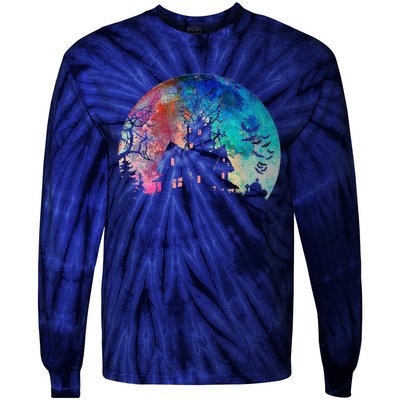 Creepy Haunted House & Spooky Watercolor Full Moon Halloween Tie-Dye Long Sleeve Shirt