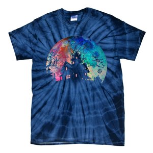 Creepy Haunted House & Spooky Watercolor Full Moon Halloween Tie-Dye T-Shirt