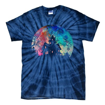 Creepy Haunted House & Spooky Watercolor Full Moon Halloween Tie-Dye T-Shirt