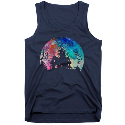 Creepy Haunted House & Spooky Watercolor Full Moon Halloween Tank Top