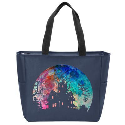 Creepy Haunted House & Spooky Watercolor Full Moon Halloween Zip Tote Bag