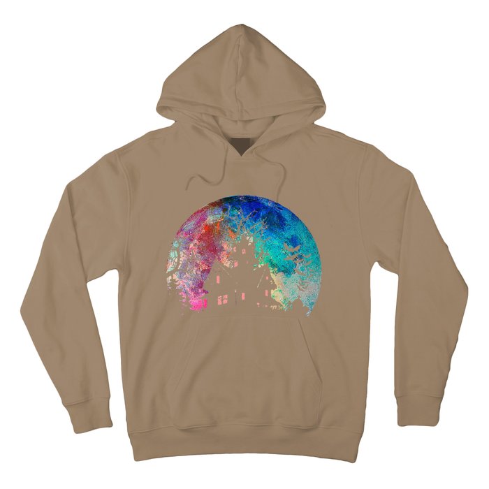 Creepy Haunted House & Spooky Watercolor Full Moon Halloween Hoodie