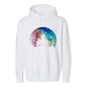 Creepy Haunted House & Spooky Watercolor Full Moon Halloween Garment-Dyed Fleece Hoodie