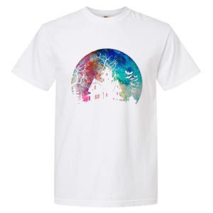 Creepy Haunted House & Spooky Watercolor Full Moon Halloween Garment-Dyed Heavyweight T-Shirt