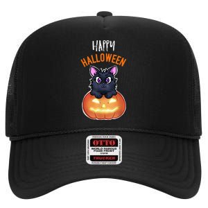 Cool Happy Halloween Cat And Jack O Lantern High Crown Mesh Back Trucker Hat