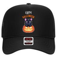 Cool Happy Halloween Cat And Jack O Lantern High Crown Mesh Back Trucker Hat